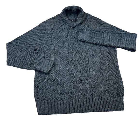 Zara Man Wool Blend Cable Knit Sweater Men's Size Large Shawl Collar Charcoal - Picture 2 of 8